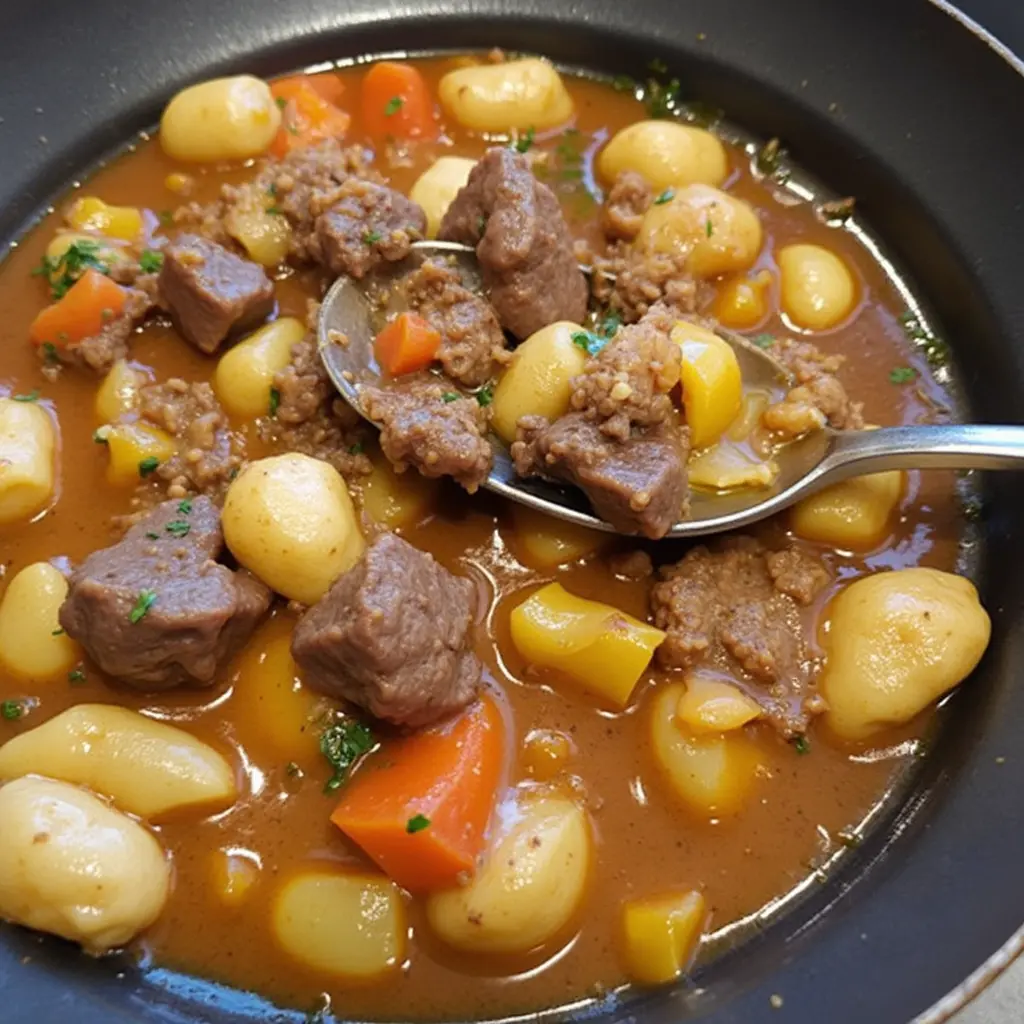 Tender beef heart stew simmered with vegetables in a rich, flavorful broth.