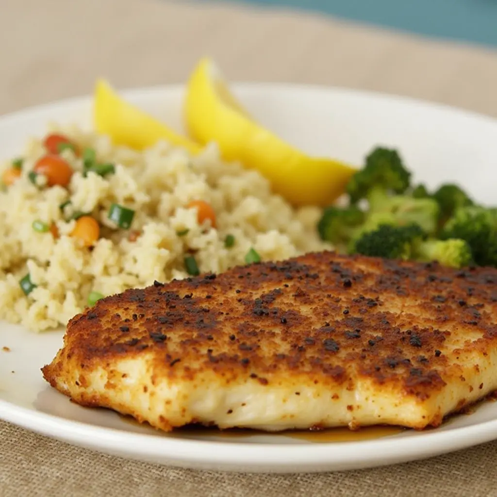 Golden brown blackened mahi mahi fillets, perfectly seasoned and ready to serve.