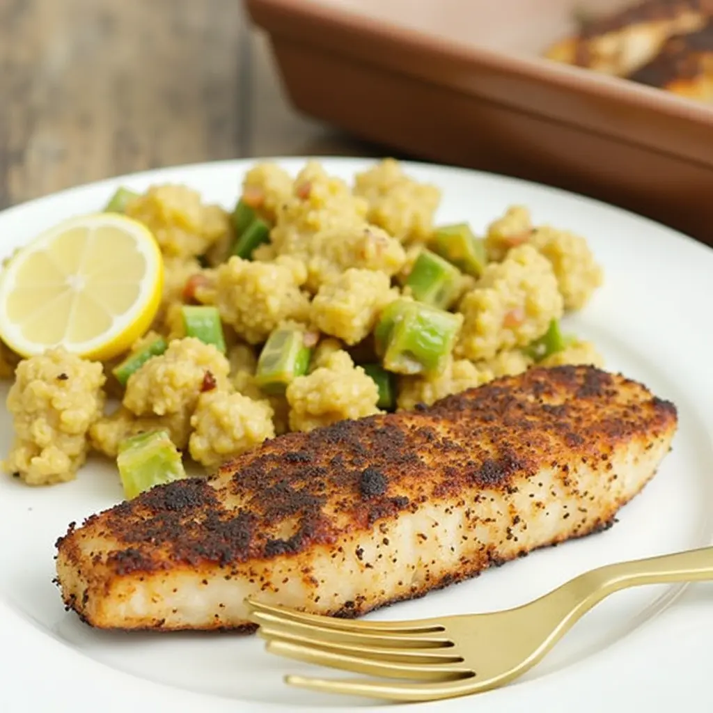 Delicious blackened mahi mahi fillets garnished with fresh herbs and served with lemon wedges.