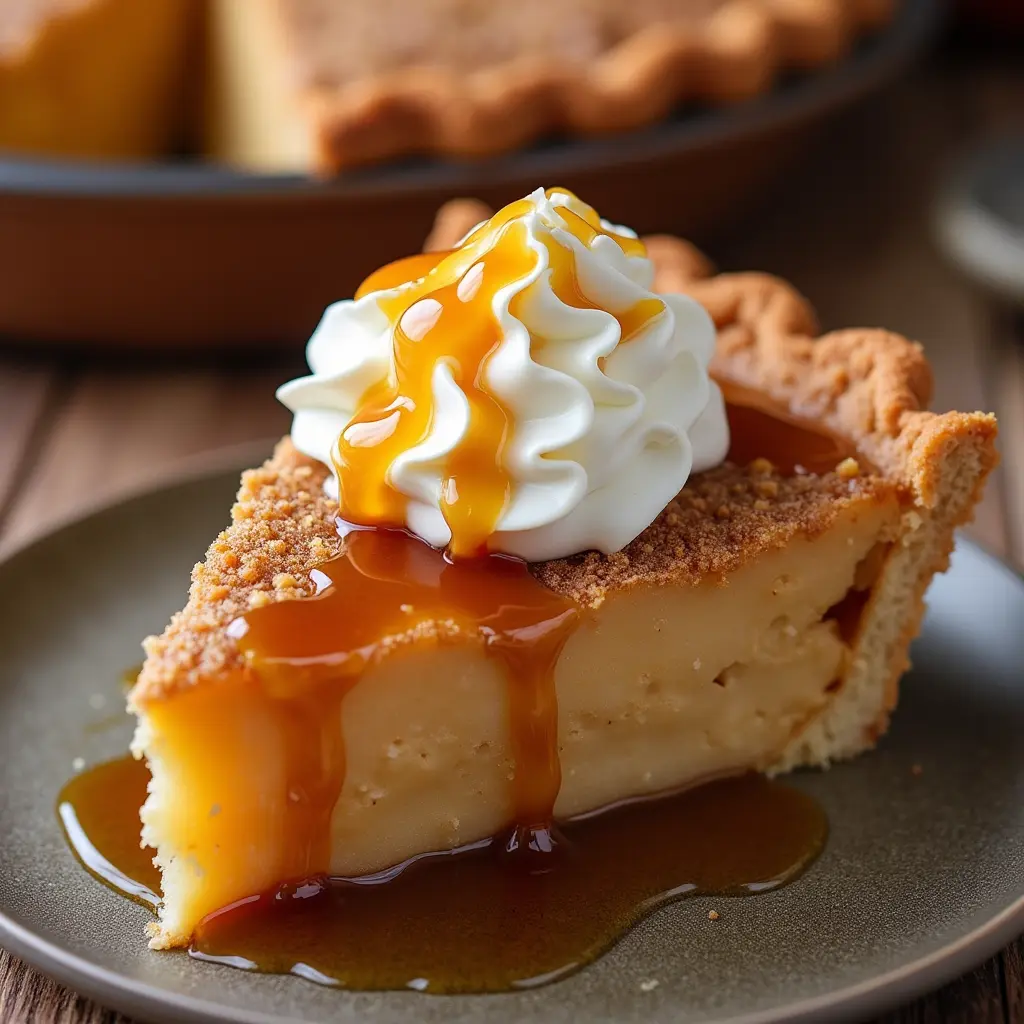 Freshly baked caramel apple pie with a golden crust and drizzled caramel topping