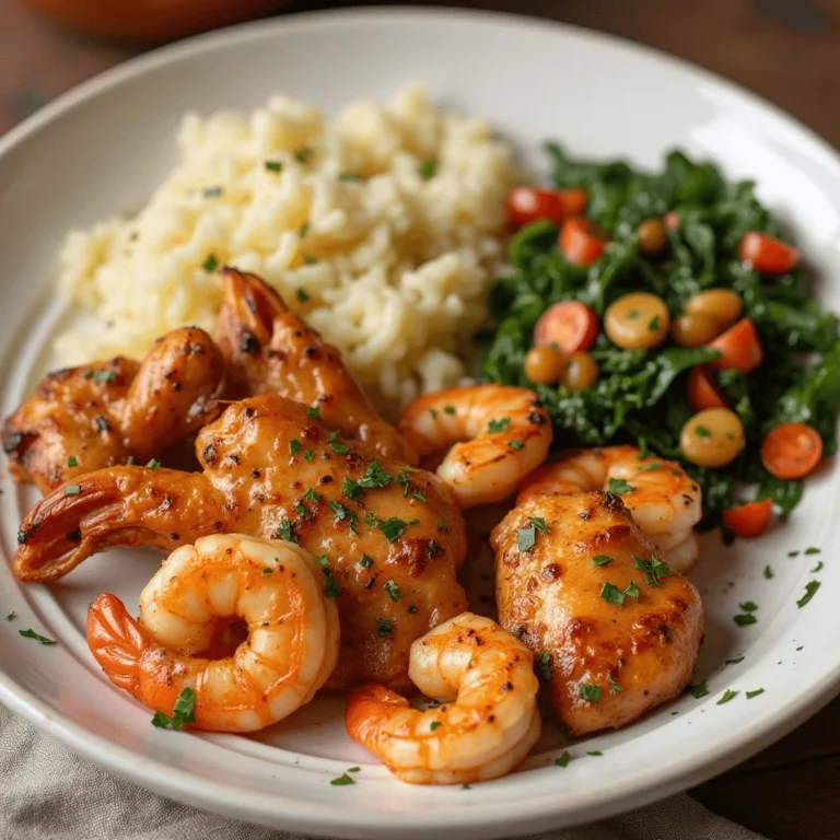 Delicious plate of chicken and shrimp recipes featuring grilled chicken, shrimp, bacon, melted cheese, and sautéed mushrooms