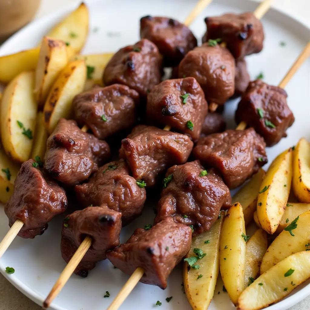 Delicious beef heart recipe served with a side of roasted vegetables.