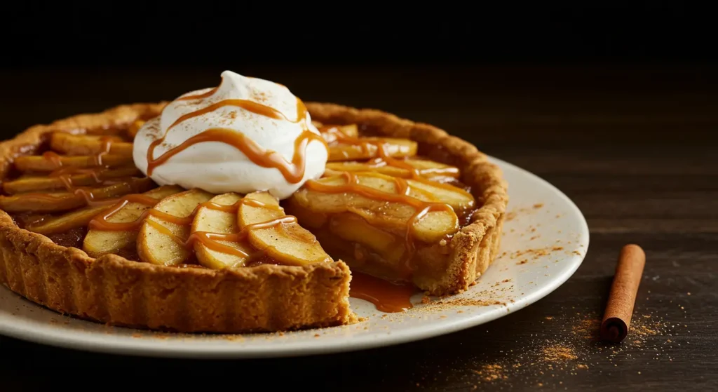 Slice of caramel apple pie with melted caramel topping and flaky crust