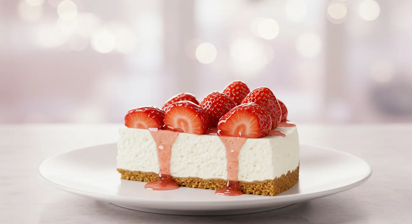 A close-up of a creamy strawberry cheesecake topped with fresh strawberries and a glossy strawberry glaze.