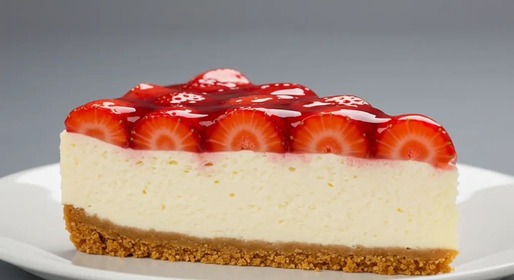 Beautifully plated strawberry cheesecake with a rich, smooth filling and vibrant strawberry topping.