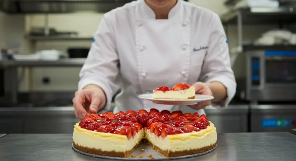 Delicious homemade strawberry cheesecake with a buttery graham cracker crust, topped with fresh strawberries and a sweet glaze.