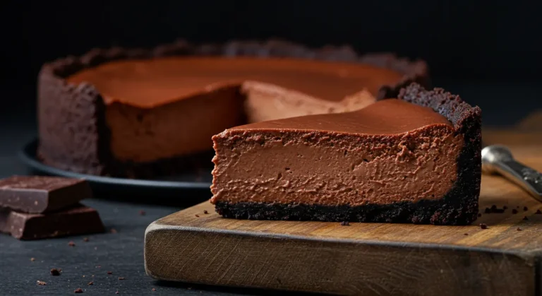 Slice of rich and creamy chocolate cheesecake topped with whipped cream and chocolate shavings.