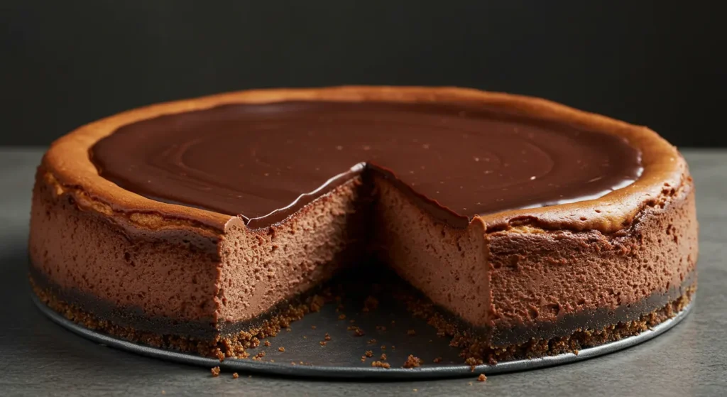 Delicious chocolate cheesecake on a plate with a glossy chocolate topping.