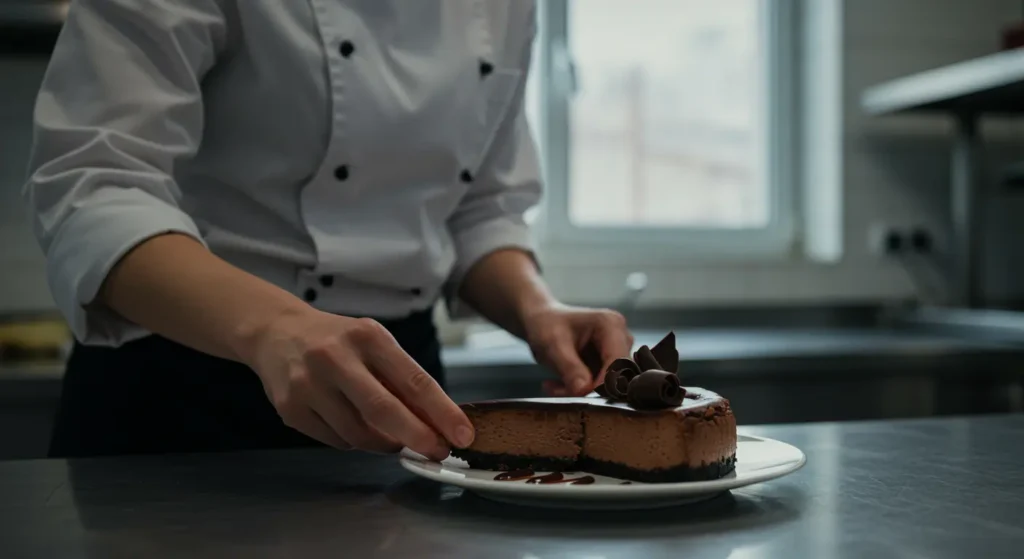 Slice of chocolate cheesecake with a chocolate drizzle on top.