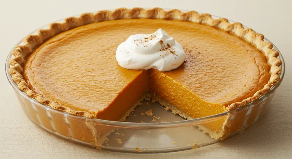 A slice of smooth, golden crustless pumpkin pie with a sprinkle of cinnamon