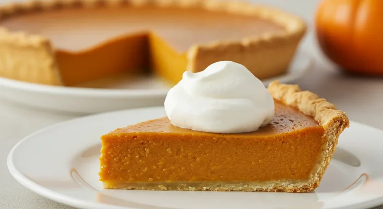 Crustless pumpkin pie slice on a plate with whipped cream and cinnamon