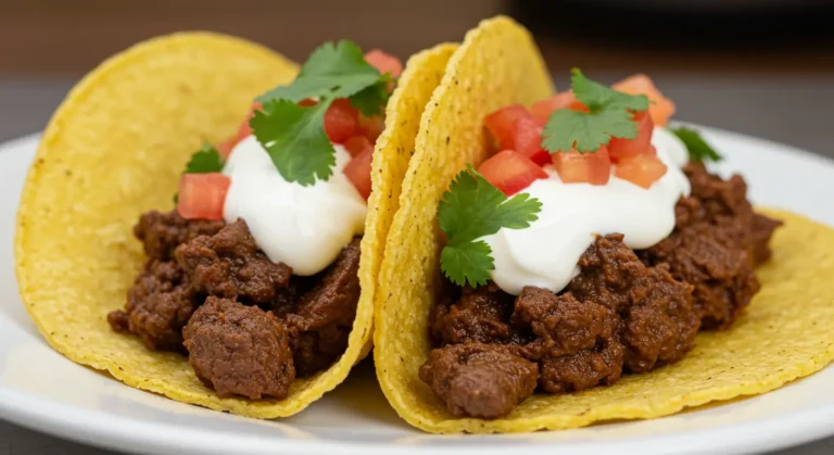 Delicious beef tacos with fresh toppings and warm tortillas, ready for taco night.