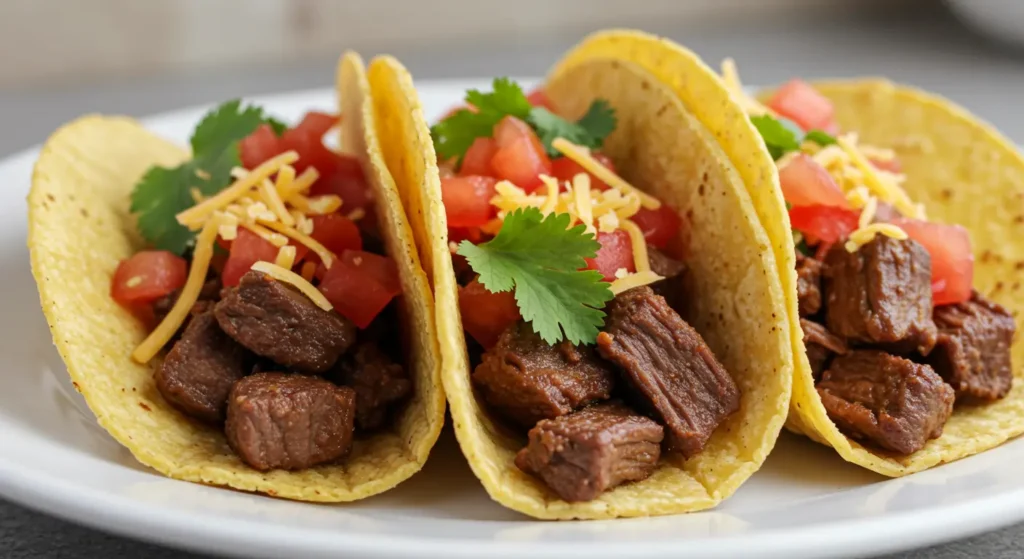 Mouthwatering beef tacos filled with seasoned ground beef, lettuce, cheese, and salsa, ideal for a taco night.