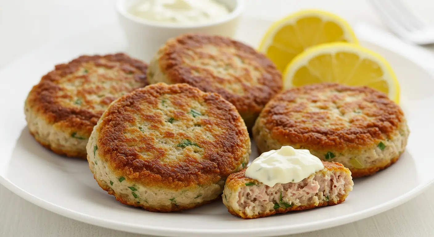 Delicious homemade tuna patties served on a plate with fresh veggies, perfect for a quick lunch or dinner.