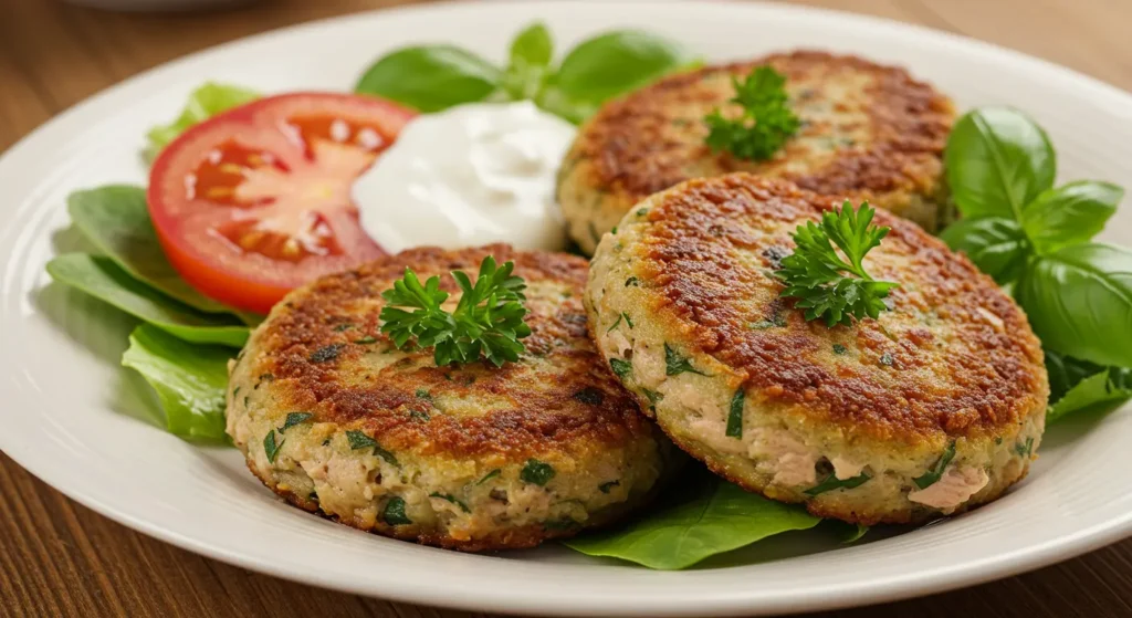 Golden brown tuna patties served with a side of fresh greens and a dipping sauce, perfect for a nutritious meal.