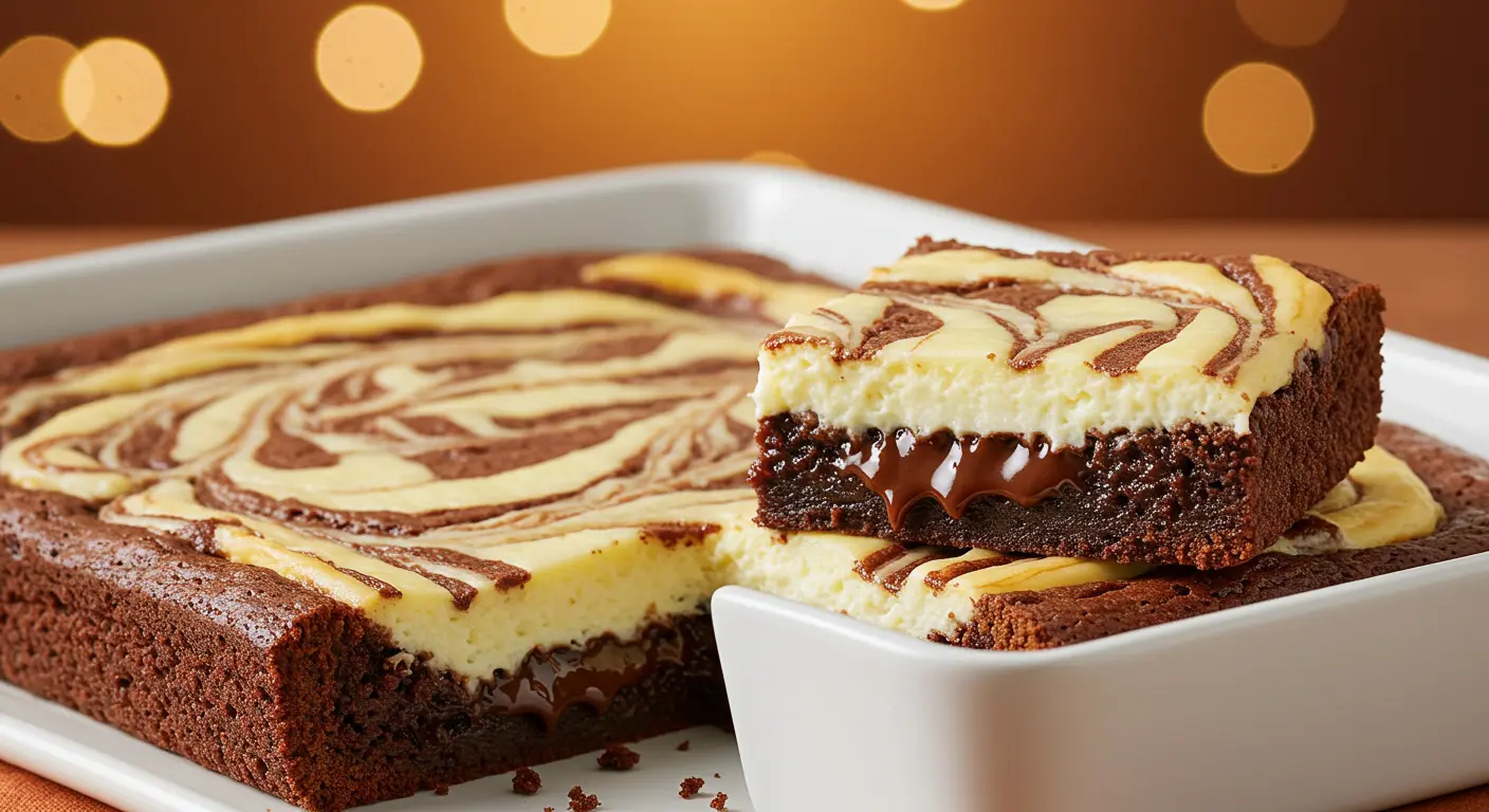 Close-up of rich and fudgy cream cheese brownies with a creamy swirl on top, freshly baked and sliced for serving.