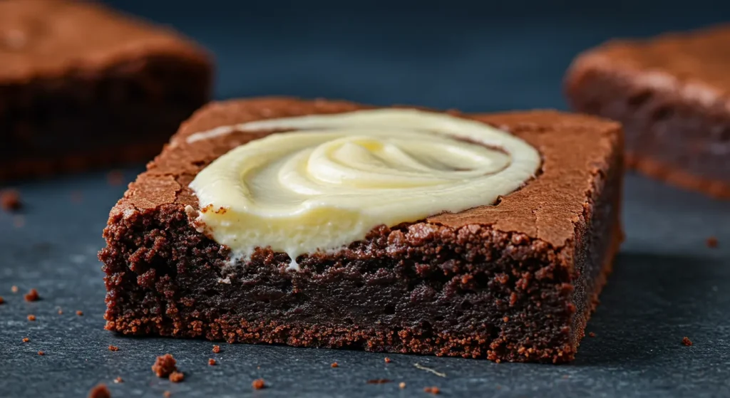 A close-up of a freshly baked cream cheese brownie, showcasing its rich, chocolatey base with a marbled swirl of creamy white cream cheese on top.