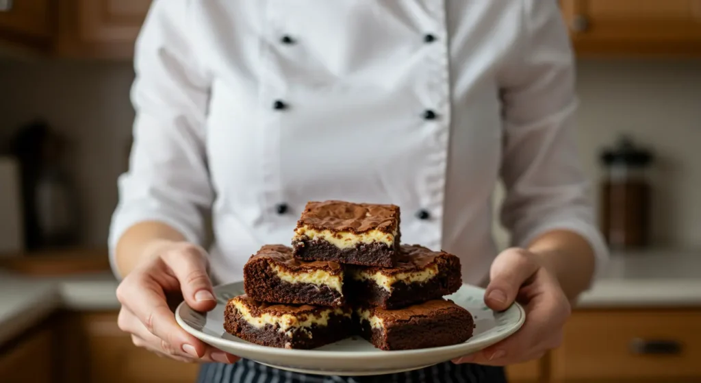 A tray of cream cheese brownies with a marbled swirl pattern, cut into neat squares, placed on a wooden surface.