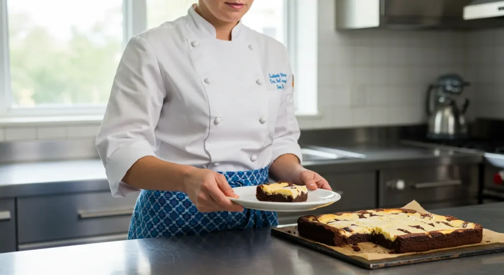 Squares of cream cheese brownies with a rich chocolate base and creamy marbled topping, served on a white plate.