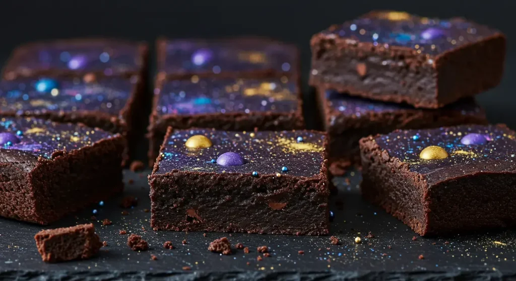 Freshly baked cosmic brownies with a glossy ganache and sprinkles