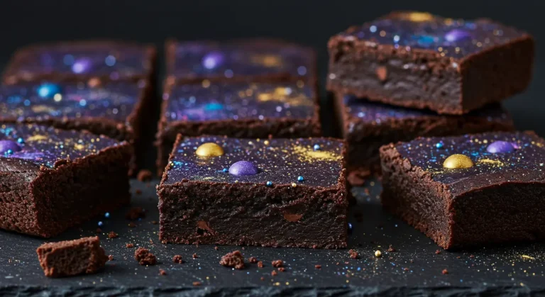 Homemade cosmic brownies topped with colorful sprinkles on a wooden table.