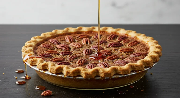 A classic Southern Pecan Pie with a golden, flaky crust, topped with glossy caramelized pecans, served on a rustic wooden table.