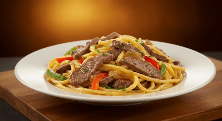 Close-up of creamy Philly cheesesteak pasta with beef, peppers, and melted cheese in a white bowl.