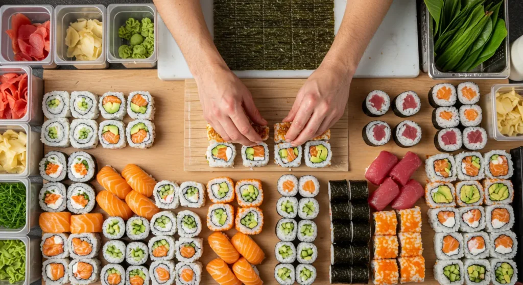 Fresh Sushi rolls with vibrant ingredients on a wooden platter