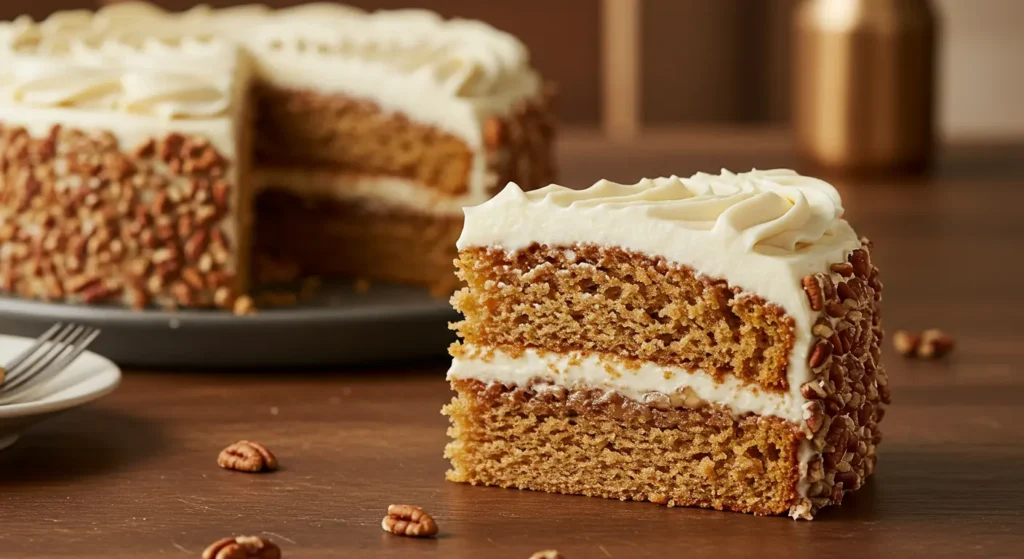 Freshly baked hummingbird cake with a layer of smooth cream cheese frosting.