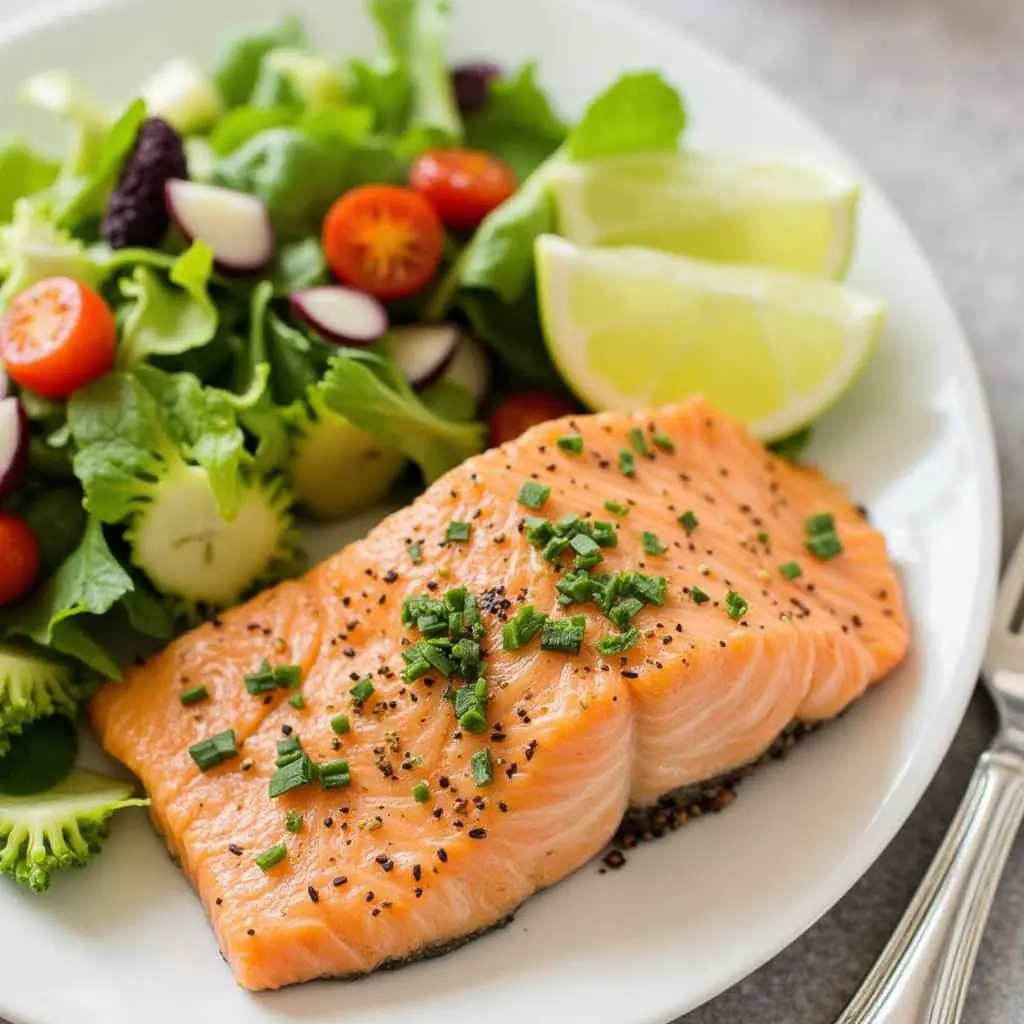 Fresh salmon poke bowl with vibrant vegetables and toppings