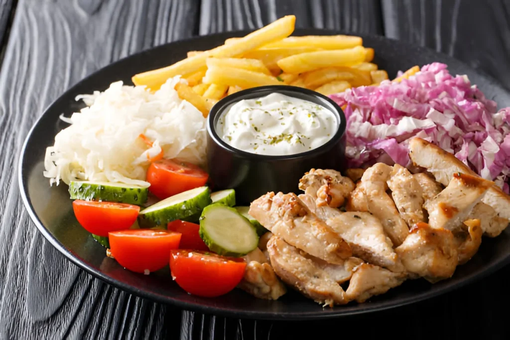 Close-up of a Chicken Shawarma Bowl with rice and toppings