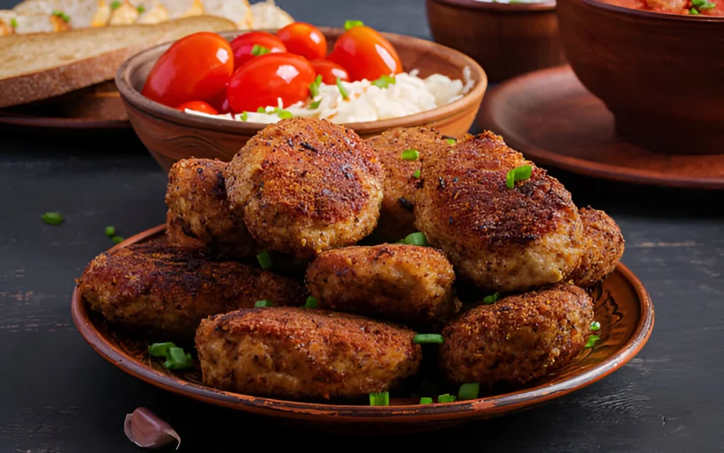 Golden crispy beef cutlet served with dipping sauce and fresh herbs