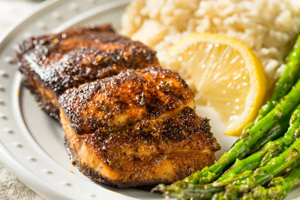 Crispy blackened mahi mahi fillets served with a side of fresh veggies and a wedge of lemon.