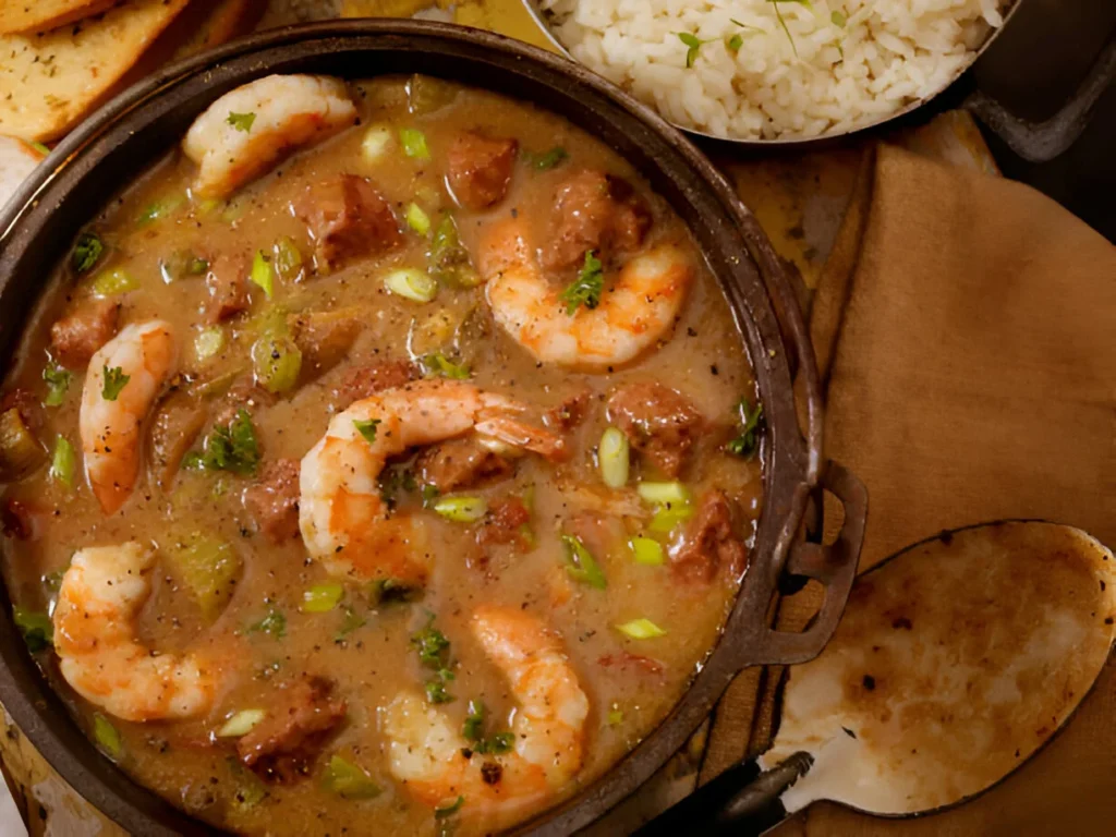 A bowl of flavorful seafood gumbo with shrimp, crab, sausage, and vegetables, served over rice with a sprinkle of fresh herbs