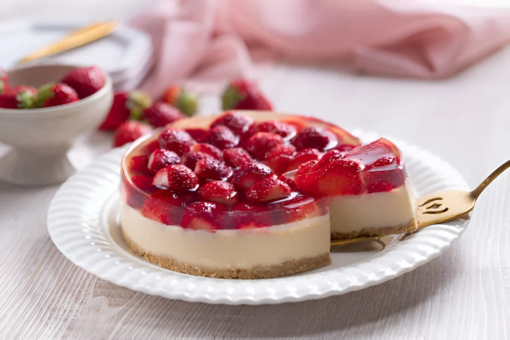 Homemade strawberry cheesecake with a smooth filling, graham cracker crust, and fresh strawberry topping.