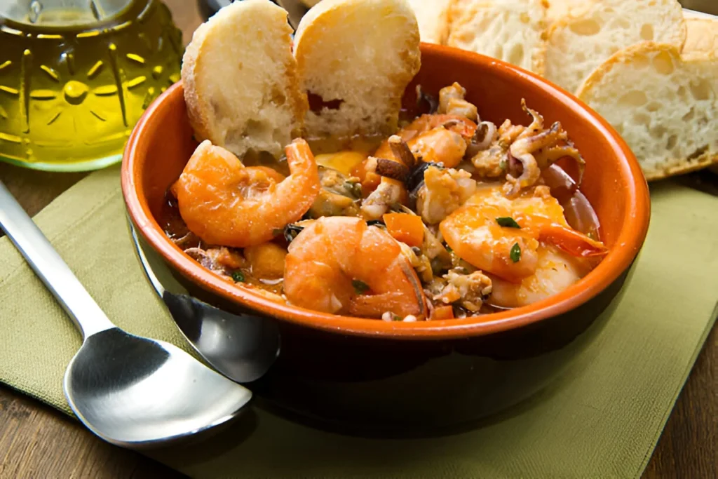 A hearty bowl of seafood gumbo with shrimp, crab, and sausage, simmered in a flavorful broth, served over steaming white rice.