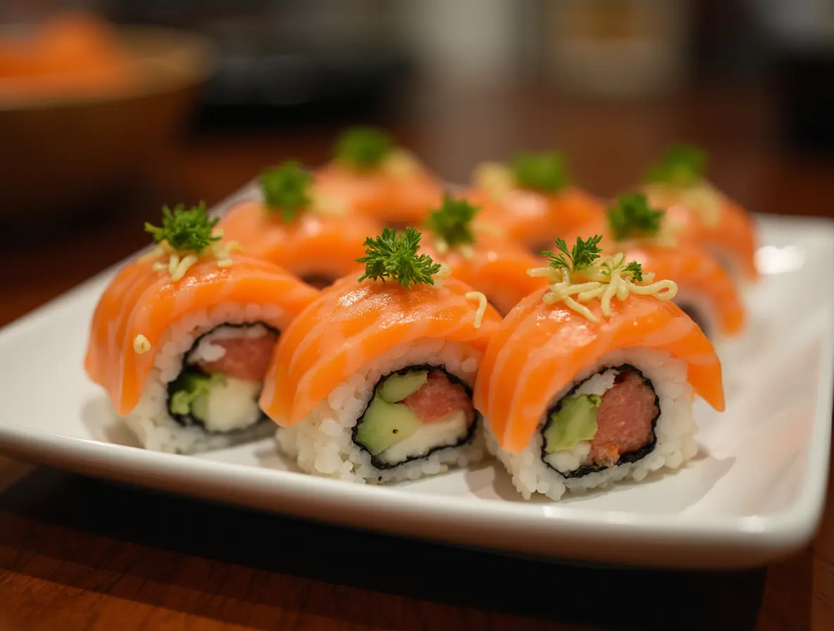 Fresh Umi Sushi rolls with vibrant ingredients on a wooden platter